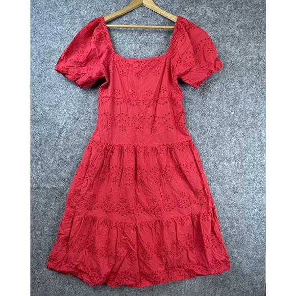 Meadow Rhodes Dress Womens XL Red Eyelet Tiered Ruffle Smocked Peasant Cottage - Picture 1 of 5